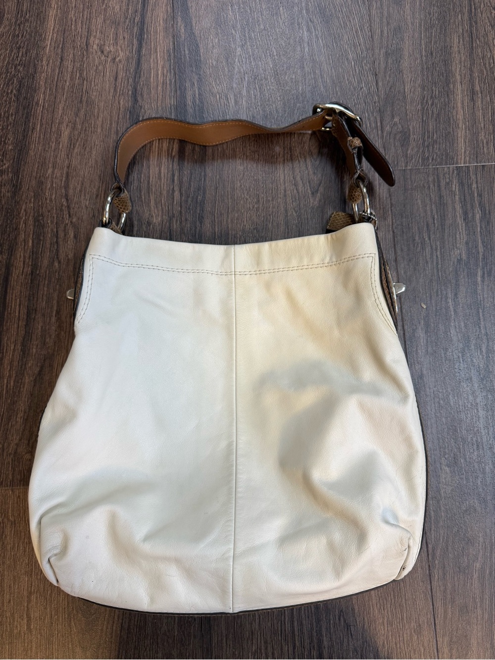 Coach No B1169 Cream Leather Shoulder Tote with Brown Strap